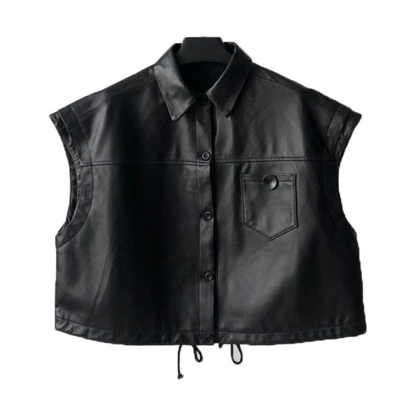 

genuine leather spring new haining leather vest female sheepskin short korean version was thin sleeveless leather jacket 201030, Black
