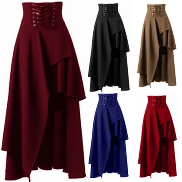 

steampunk skirt for women high waist solid irregular costume party shows dance skirts plus size lace up cotton clothing y200326, Black