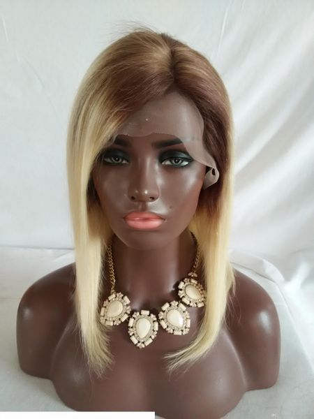 

fashion ombre honey blonde 4# 613 bob wig full lace & glueless lace front wig human hair bob short wig for sale, Black;brown