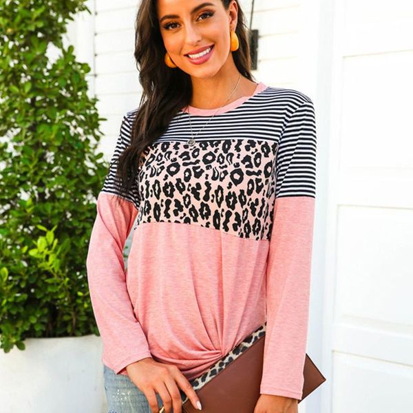 

2020 women long sleeve leopard stripe solid patchwork knot casual women t shirts autumn aesthetic clothes female tee shirt, White