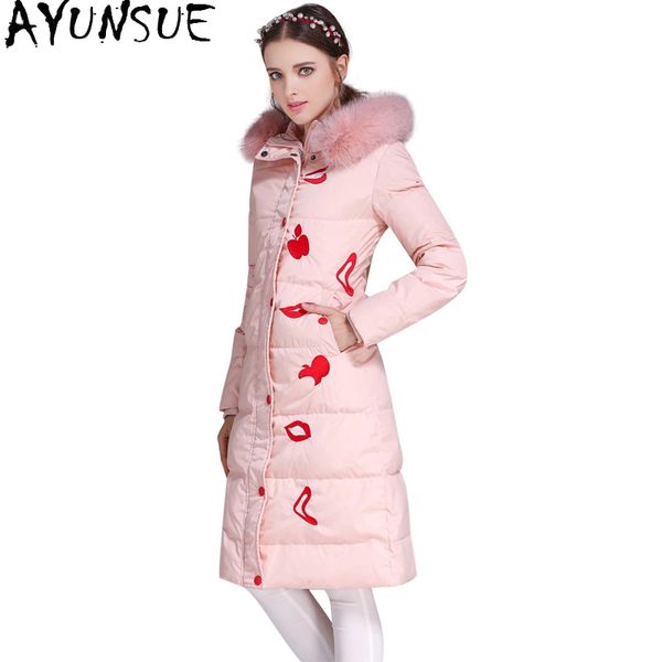 

ayunsue women's jacket winter white duck down jackets female natural fox fur collar hooded parkas woman long coats casaco 2020, Black
