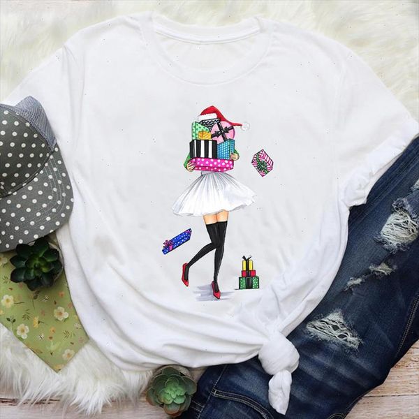 

women gift girl new year clothing style 90s holiday merry christmas print lady female graphic tees clothes t shirt t shirt, White