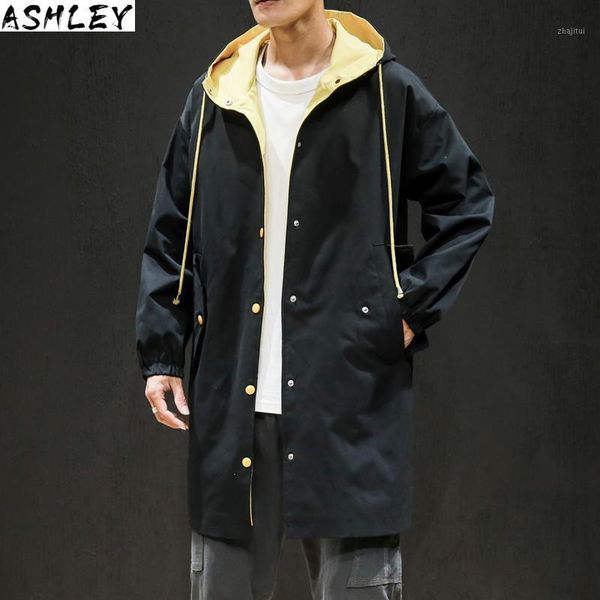 

color matching spring mid-length tooling trench long coat men men's plus fat xl tide brand loose japanese couple student jacket1, Tan;black