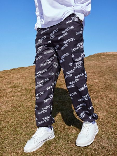 

romwe guys slogan graphic cargo pants w239#, Black