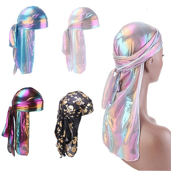 

fashion silk long tail scarf cap hat multi colors soft satin durag bandanna turban for women pirate