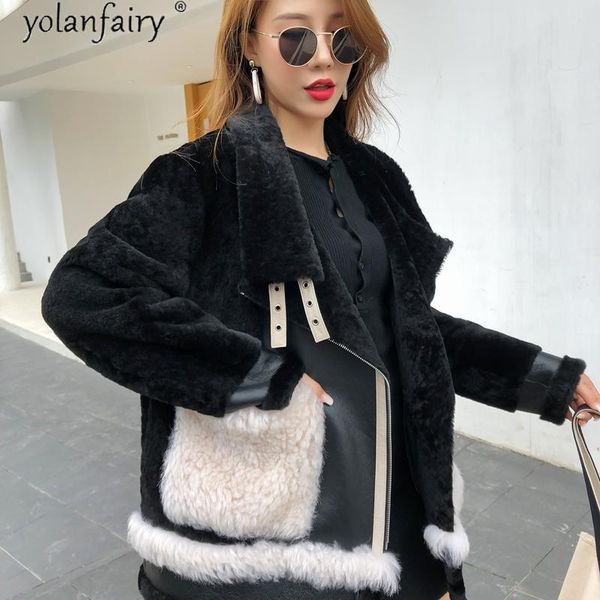 

real шуба женский streetwear зимняя куртка женщин sheep shearling мотоцикл пальто и куртки женщины 2020 женская одежда, Black