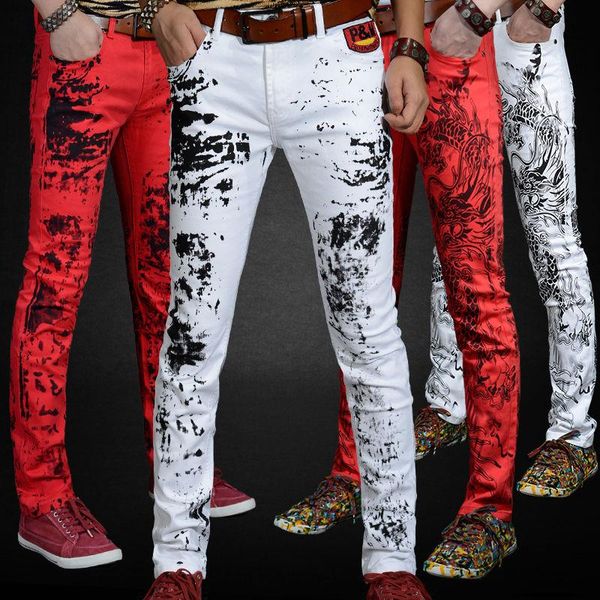 

men's jeans splash print korean version of the trend casual trousers slim feet personality pattern flower pants, Blue