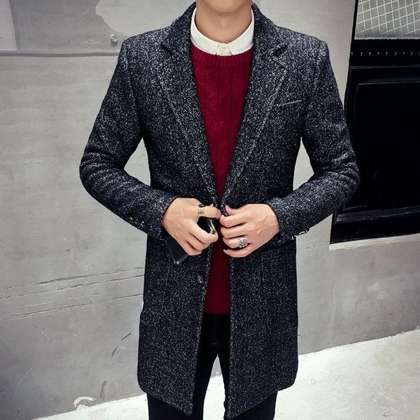 

slim men's large plaid coat suit collar wool woolen windbreaker thick warm coat, Black;brown