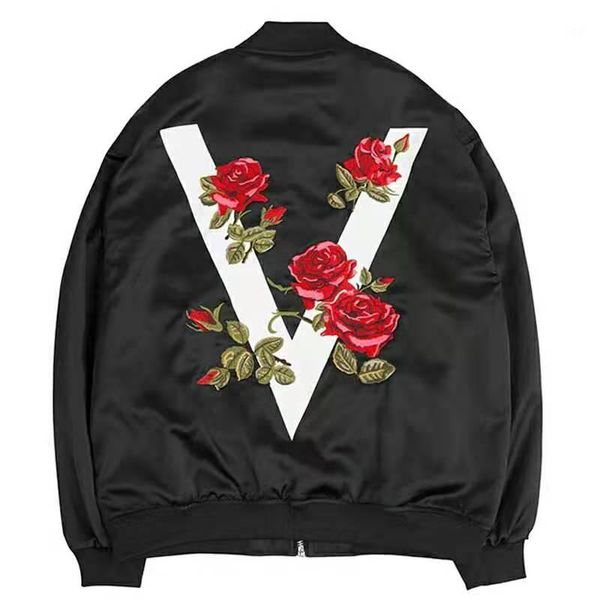 

women's jacket rose embroidered satin jacket street style zipper loose coat print bomber women inverno 20201, Black;brown