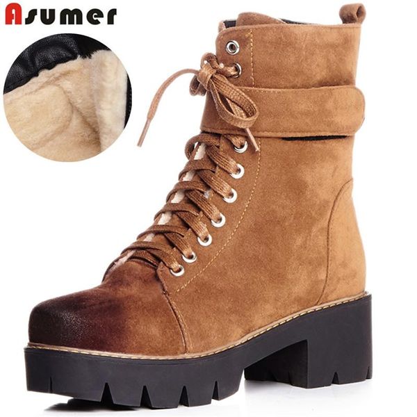 

asumer 2020 new snow boots thick fur platform lace up pu nubuck leather winter keep warm ankle boots retro ladies shoes size 42, Black