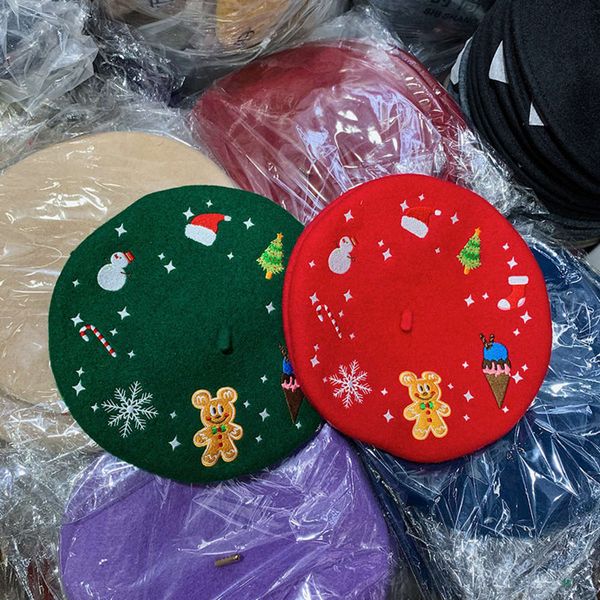 

santa wool claus embroidered tree bud hat women's decorative beret, Blue;gray