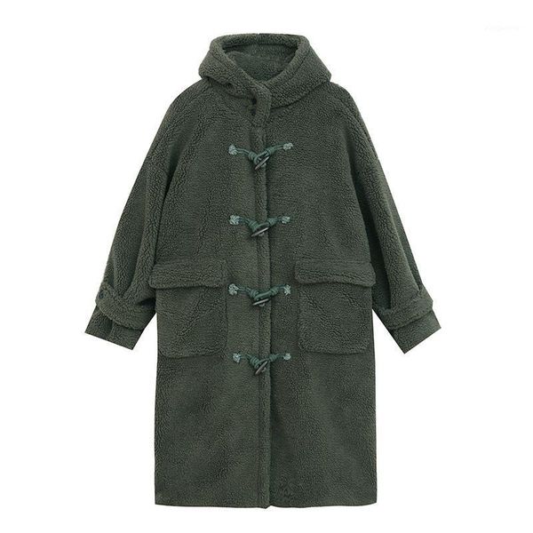 

2020 winter lambskin long coats plus size loose big pockets hoody outear trendy single-breast horn button sheepskin overcoats1, Black
