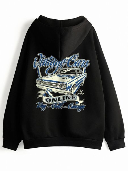 

car and letter graphic kangaroo pocket drawstring thermal hoodie o4hk#, White;black