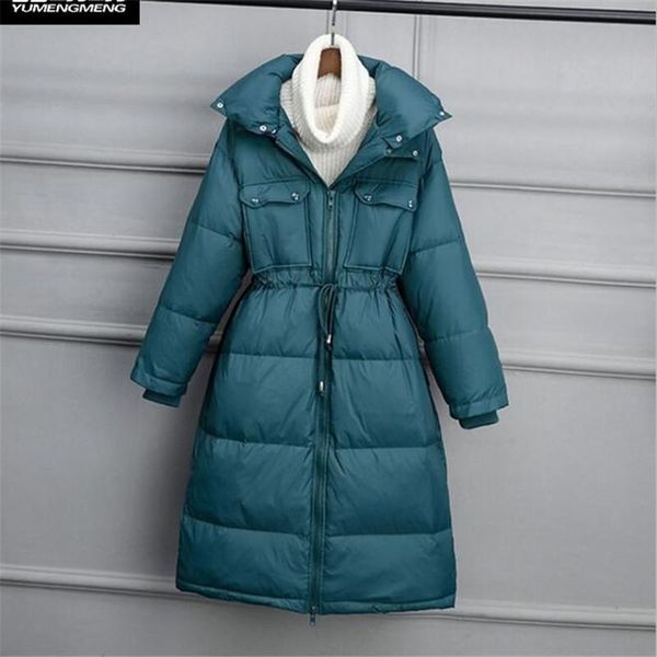 

women's down & parkas winter women long white duck jacket coat thick outerwear drawstring waist faux fur lapel parka femal, Black