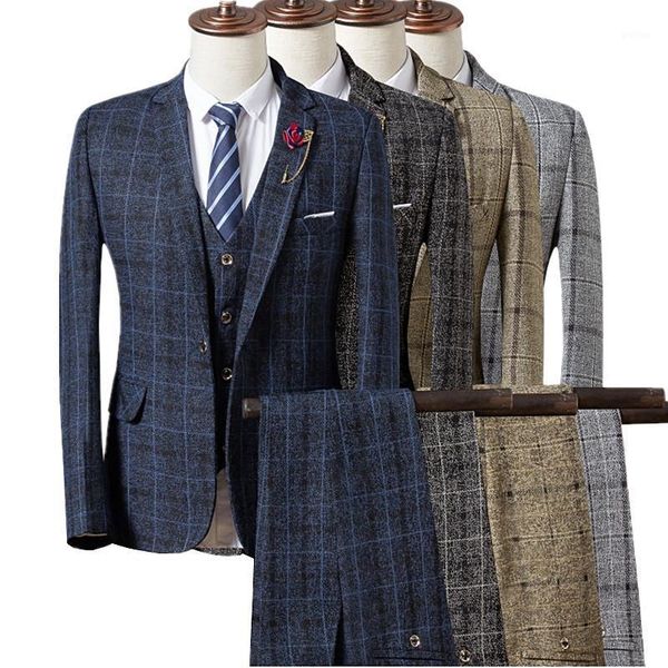 

autumn men plaid suit 3-piece set( jacket + pants + vest) blue grey khaki wedding banquet male blazer coat trousers waistcoat1, White;black