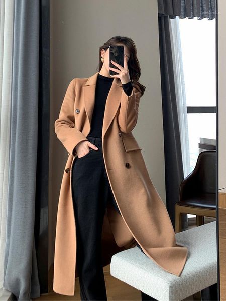 

camel double faced cashmere overcoat women's 2021 autumn and winter new high-end temperament medium long woolen jacket1, Black