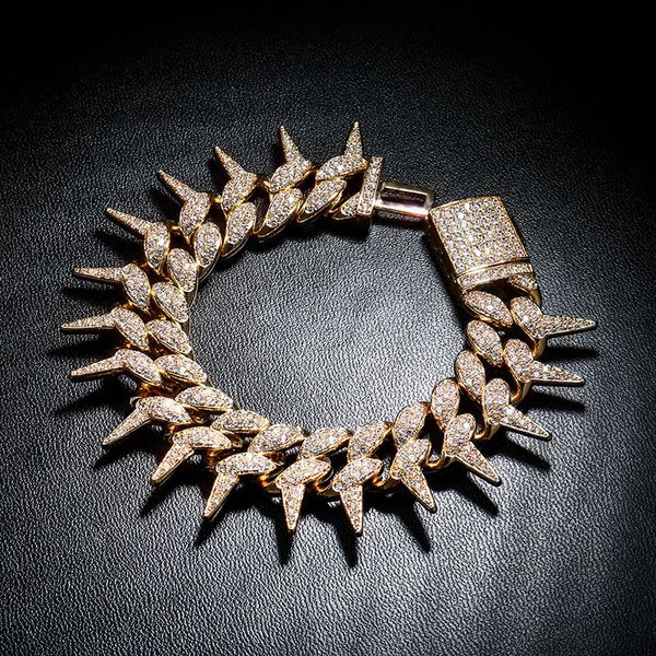 

mens peasonality cool bling bracelet gold plated ice out bling cz rivets bracelets link chains for men hiphop jewelry gift, Black