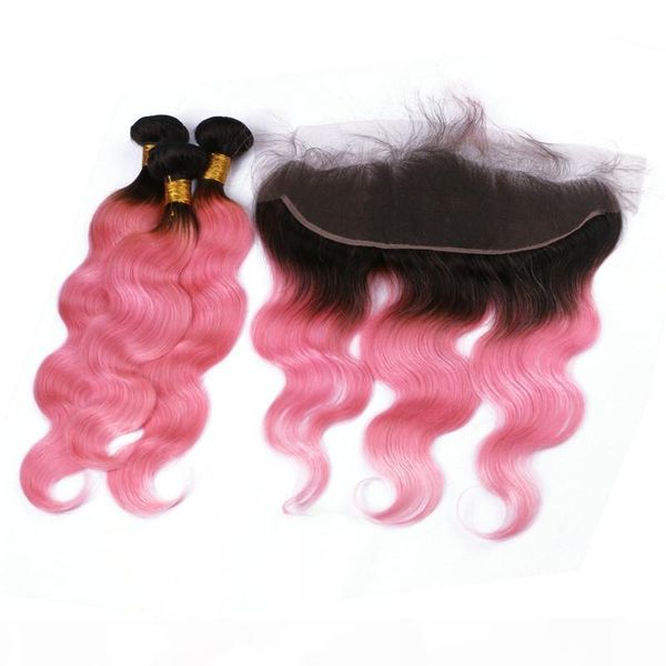 

dark roots pink ombre ear to ear 13x4 lace frontal with weaves body wave malaysian human hair 1b pink ombre 3bundles with frontal, Black