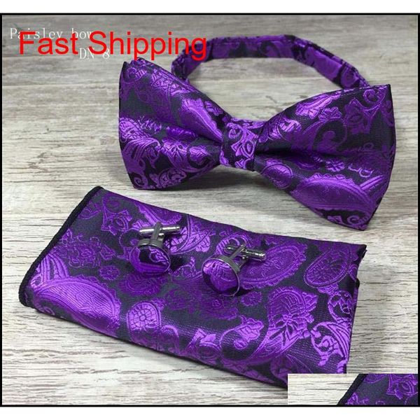 

3pcs/set classic paisley bow ties set mens fashion bowtie handkerchief cufflinks sets 17 styles wedding party qylwdh new_dhbest, Black;blue