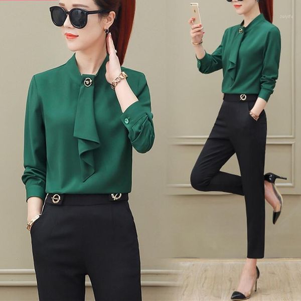 

2 piece women spring set chiffon blouse pants outfit1, White