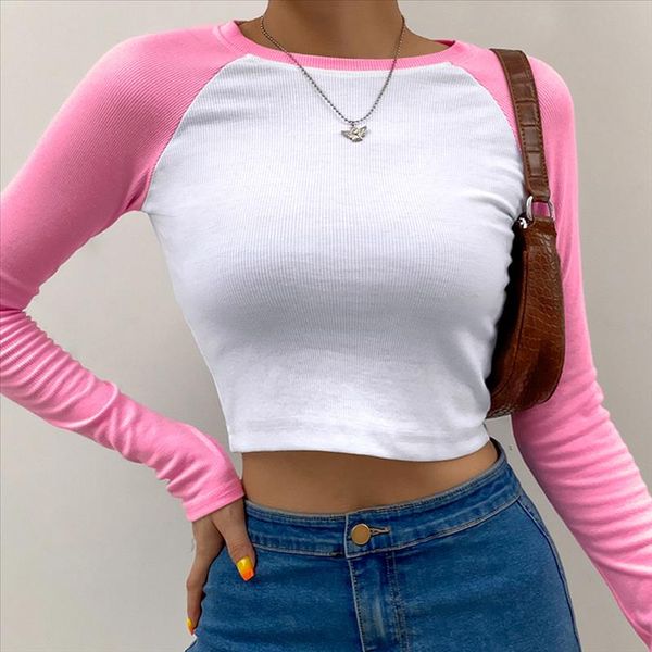 

dossni women e girl autumn contrast color basic crop y2k shirt long sleeve streetwear casual slim cute kawaii t shirt, White