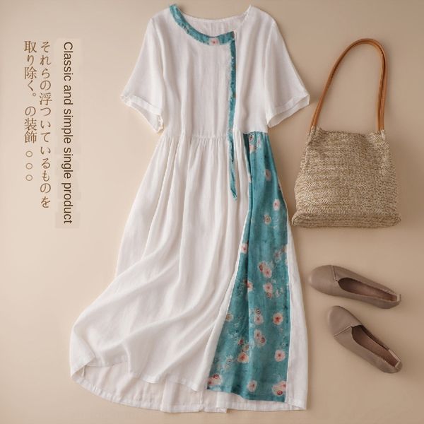 

17081 artistic loose color matching summer linen short sleeve flower casual large size dress travel a- line women's dress uealq, Black;gray