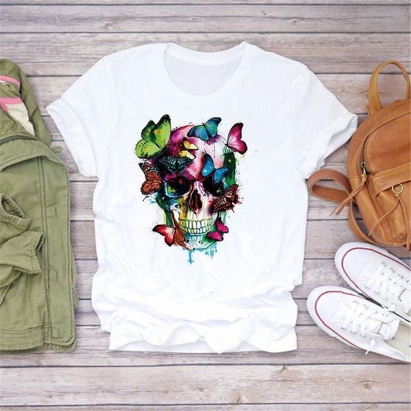 

graphic tees women short sleeve skull butterfly print halloween tshirts girls ladies femme t-shirt t-shirts plus size, White