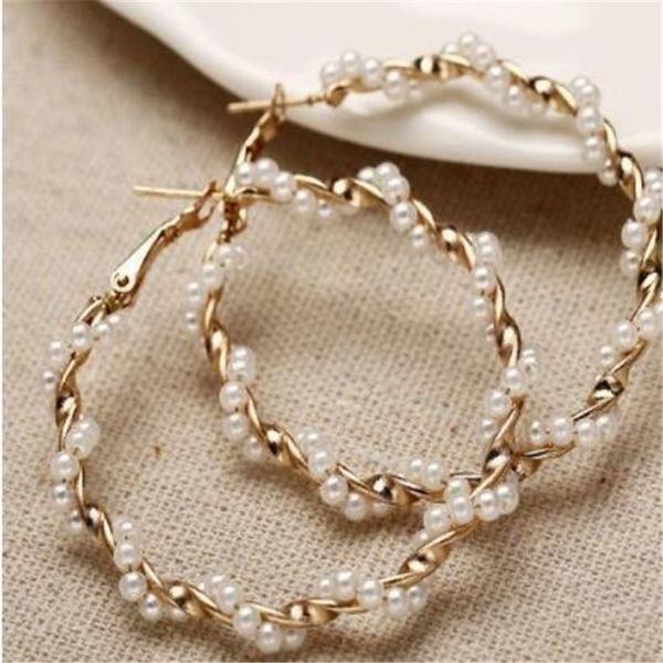 

new fahion big round circle earrings for women gold tone white imitation pearl wrap vintage statement hoop earring hz, Golden;silver