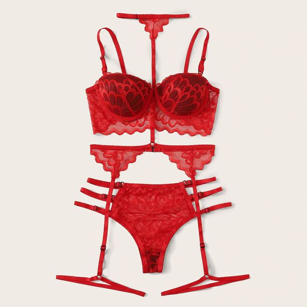 

christmas floral lace cut out lingerie women intimates 2019 underwire see through bra and thongs underwear set b4 y200708, Red;black