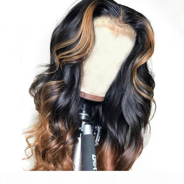 

shows shine brazilian loose deep lace front human hair wigs preplucked 13*4 honey blonde remy ombre color glueless wig with highlight, Black;brown