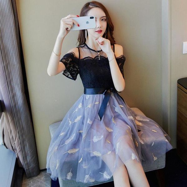 

fashionable fabulous french minority spring 2019 women's new off shoulder lace dress summer, Black;gray