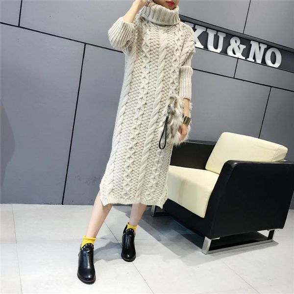 

women turtleneck sweater long dress pullovers embroidery winter 2020 new knitted navy blue khaki white red thick full, White;black