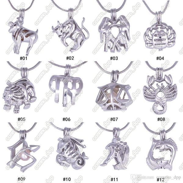 

12 constellation pearl cage locket pendants without chain diy love pearl necklace zodiac signs charm pendants mountings, Silver