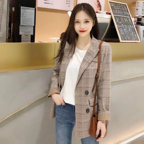 

women plaid blazer jacket 2020 spring autumn fashion female casual loose double breasted suits jackets outwear coat plus size1, White;black
