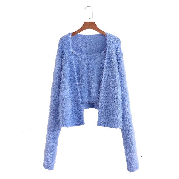 

2021 women new casual blue hairy camisole and sweater female sweet simplicity long sleeve button less cardigan chic t, Black;white