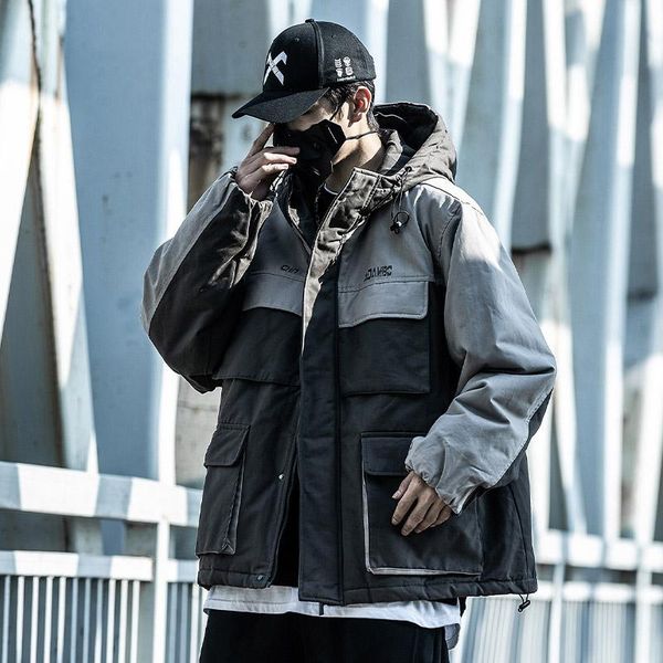 

men's clothing wave function cotton padded jacket male popular winter coat pocket hooded with thick harajuku warm thicken, Black