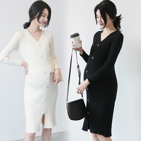 

7889# 2020 autumn korean fashion knitted maternity dress charming elegant slim sheath clothes for pregnant women pregnancy lj201123, White