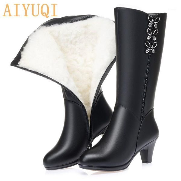 

boots aiyuqi women high shiny 2021 genuine leather wool warm winter heel fashion office1, Black