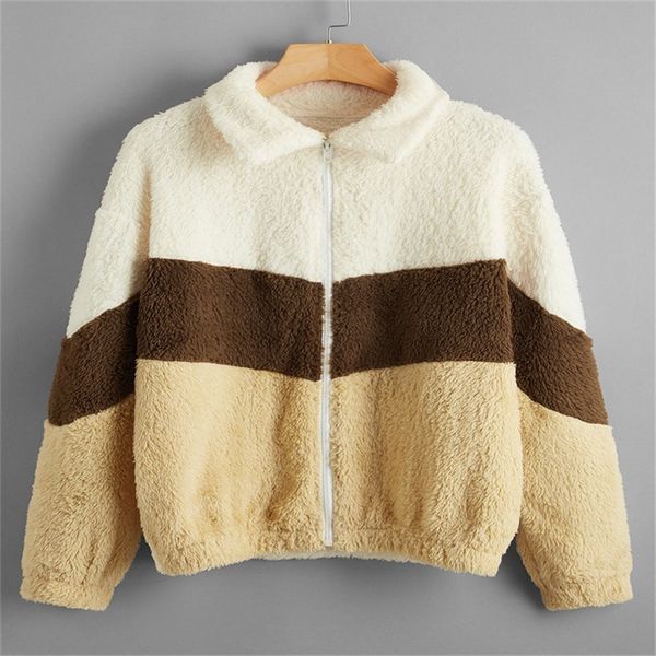 

autumn and winter women's fleece coat lapel long sleeve jacket stylish color block plush loose sweaters outwear kg-666, Black;brown