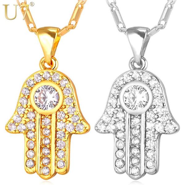 

u7 fatima hamsa hand crystal necklaces & pendants for women fashion silver/gold color cubic zirconia amulet turkey jewelry p691