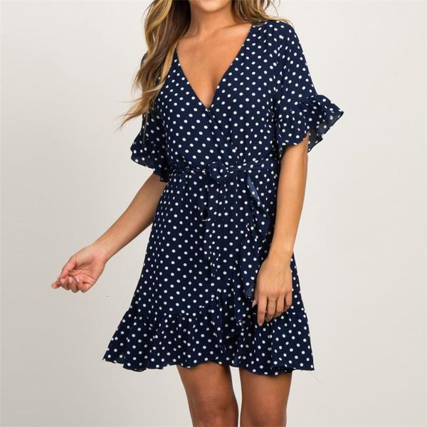 

2020 female summer dress deep v neck polka dot dresses leisure short sleeve beach mini sundress ruffles party dress verano, Black;gray