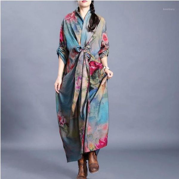 

johnature spring v-neck long sleeve simple retro floral print plus size dresses 2020 new loose comfortable women fashion dress1, Black;gray