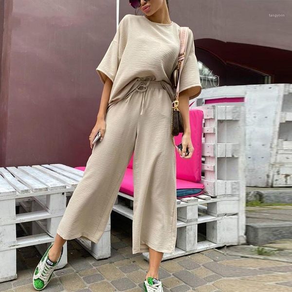 

2020 new summer khaki women set loose short sleeve shirt and long pants bottom two piece seta beach home casual outfit suit1, White
