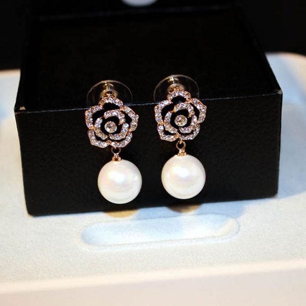 

dangle & chandelier brand golden crystal black flwoer pearl earring for women trendy drop earrings, Silver