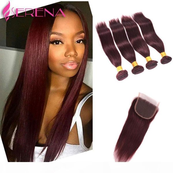 

burgundy wine red color 99j brazilian virgin hair weave bundles silky straight virgin remy human hair extensions 4 bundles with lace closure, Black;brown