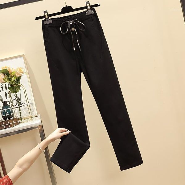 

2020 elasticated jeans woman autumn plus size stretch high waist softener harem trousers lady denim pants 5xl lace up jeans1, Blue