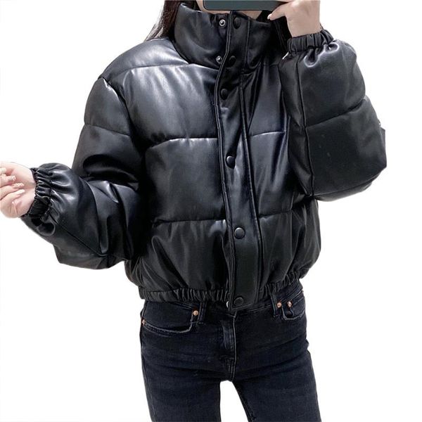 

pu leather winter warm coats for women cropped jacket clothing warm parka long sleeve solid color zipper female clothes, Black;brown