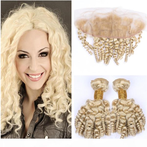 

peruvian virgin human hair blonde funmi curly weave bundles 2pcs with frontal #613 blonde bouncy curly hair wefts with 13x4 lace frontal, Black;brown