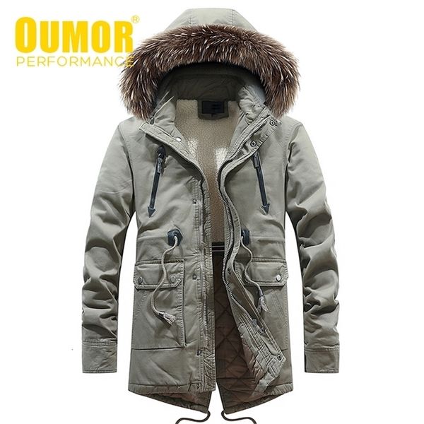 Oumor Winter Männer Casual Lange Pelz Kragen Mit Kapuze Fleece Jacke Parkas Männer Marke Outfit Mode Warme Dicke Tasche Parkas Männer 201217