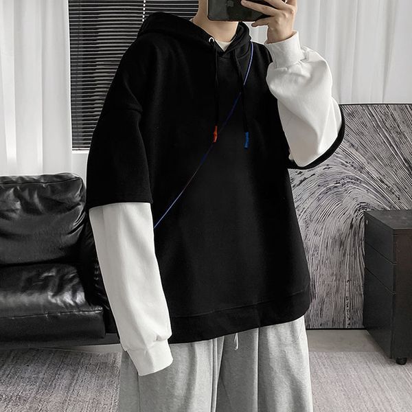

male spring 2021 long as new fine two pieces hoodie young men's clothes 5h3n, Black